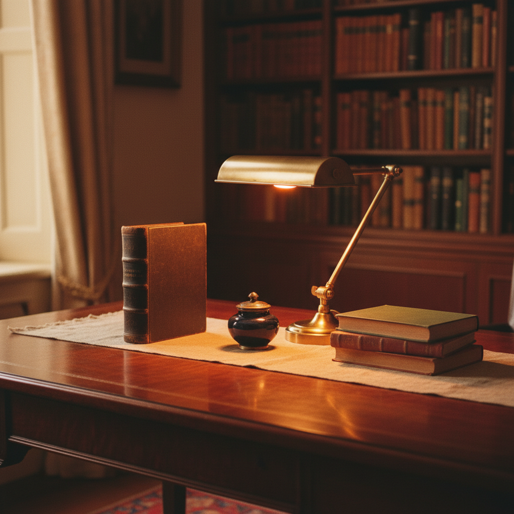 Cabinet de consultation — lampe vintage, livres anciens et bureau en acajou, lumière ambrée
