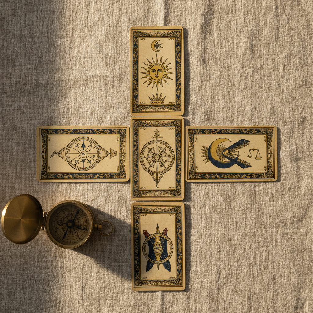 Tirage en croix du Tarot de Marseille — cinq arcanes sur velours bleu nuit, lumière dorée