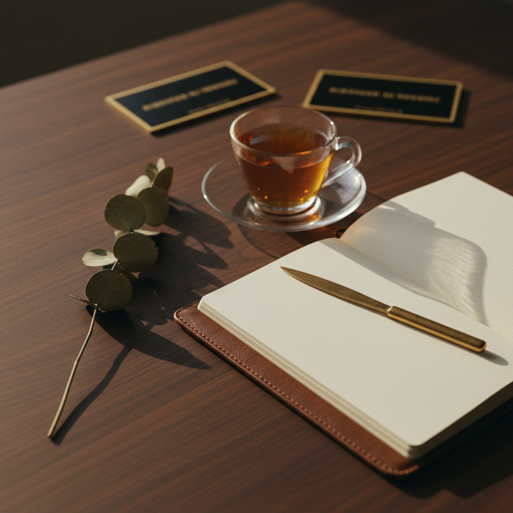 Bureau de consultation — tasse de thé, carnet et objets anciens sur bureau en noyer, lumière douce