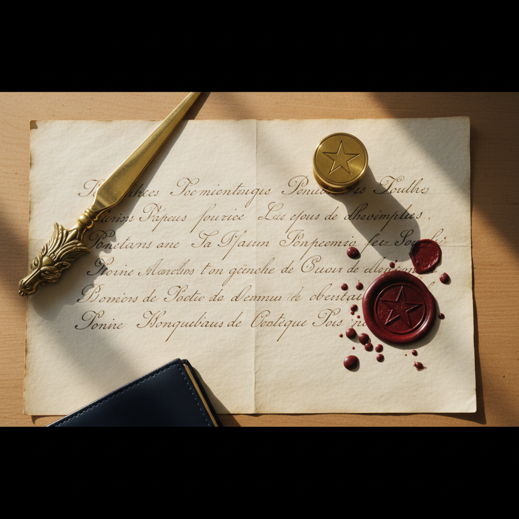Parchemin manuscrit, cachet de cire et coupe-papier laiton — lumière naturelle douce