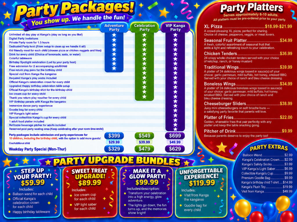 Kanga's Party Packages Flyer