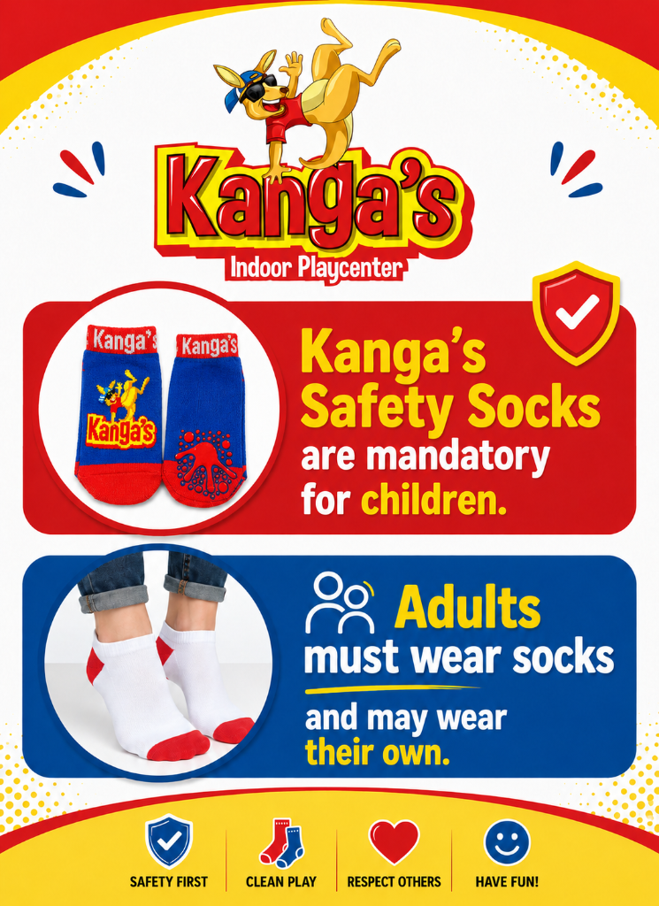Kanga's Safety Socks — mandatory for children. Adults must wear socks and may wear their own.