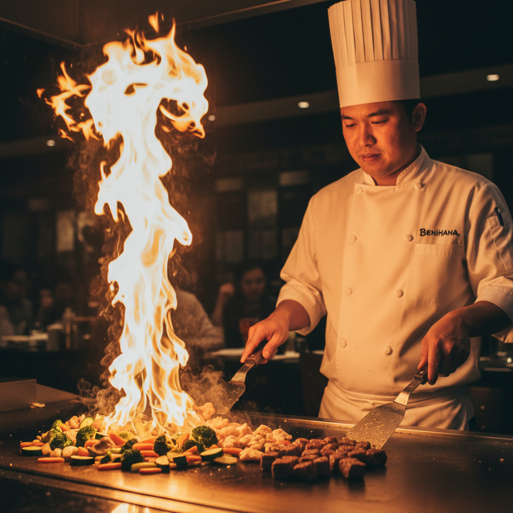 Hibachi chef cooking at teppanyaki grill