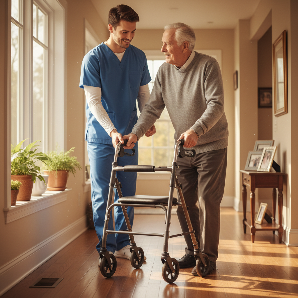 Healthcare aide assisting patient with mobility