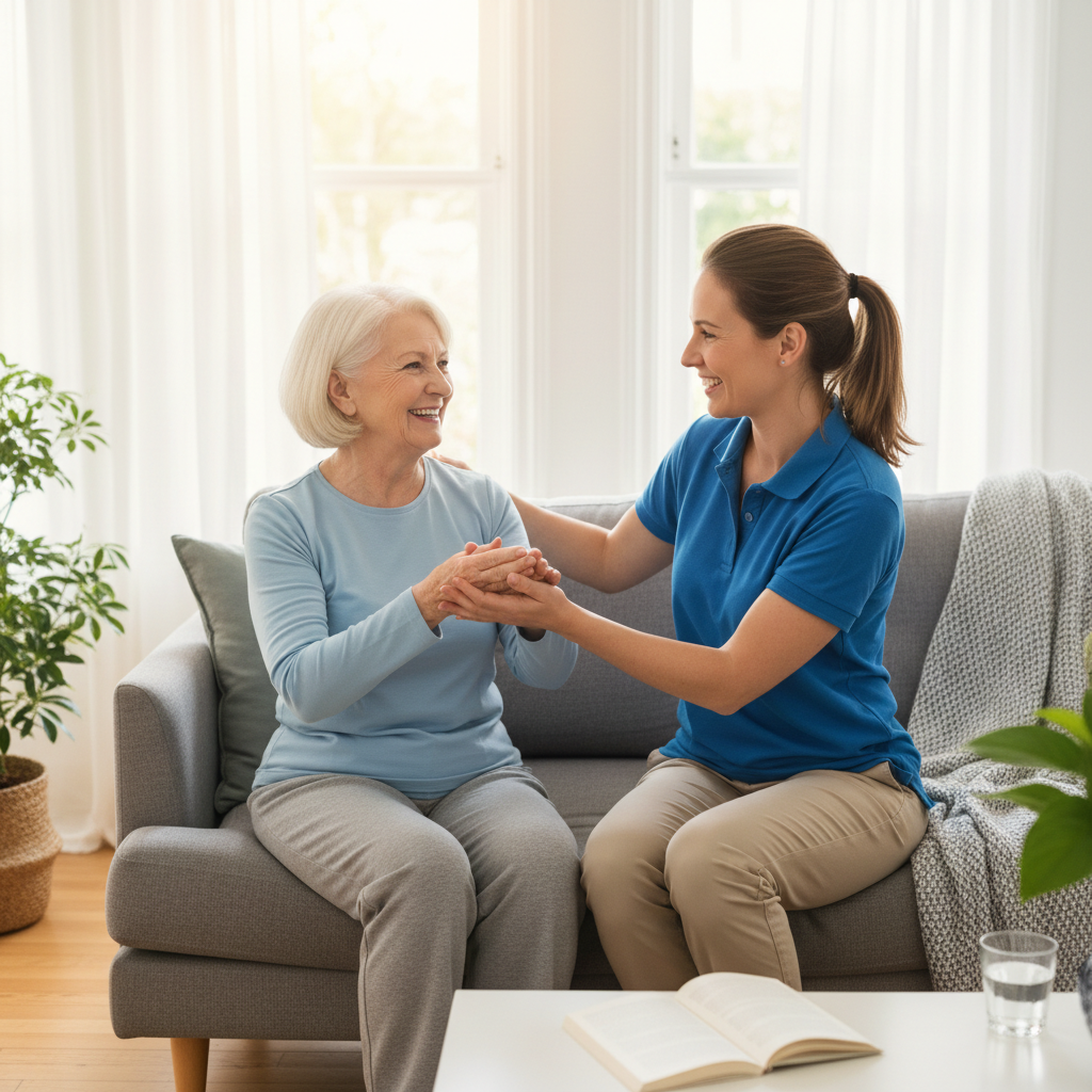 Physical therapist guiding patient exercises at home