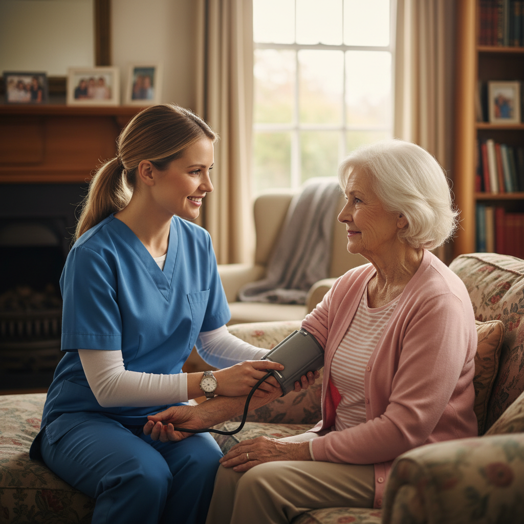 Nurse checking blood pressure during home visit
