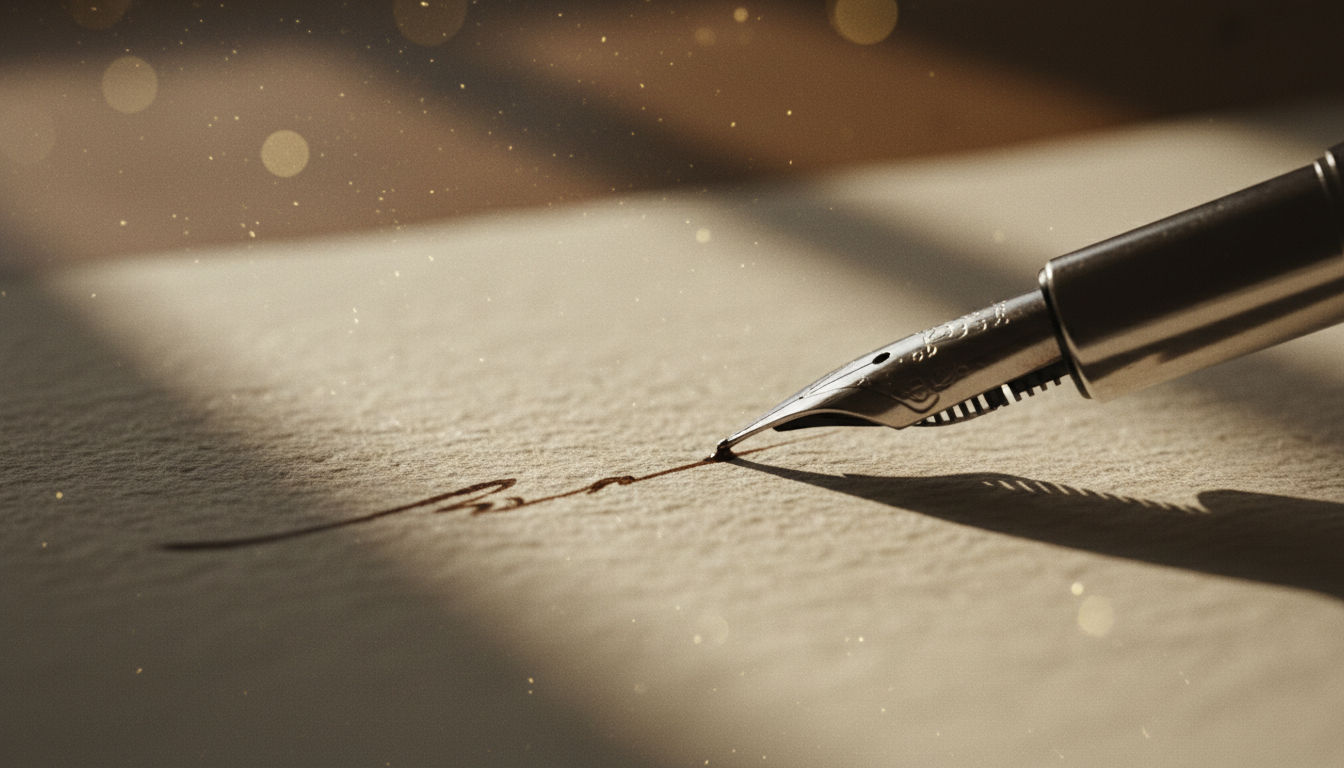 Close-up of fountain pen and ink on cream paper