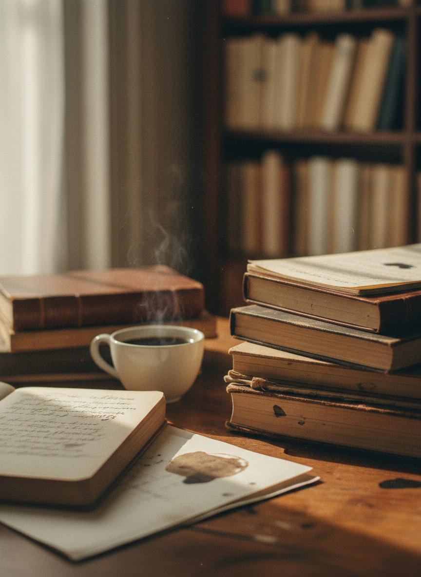 Writing desk with journals and coffee