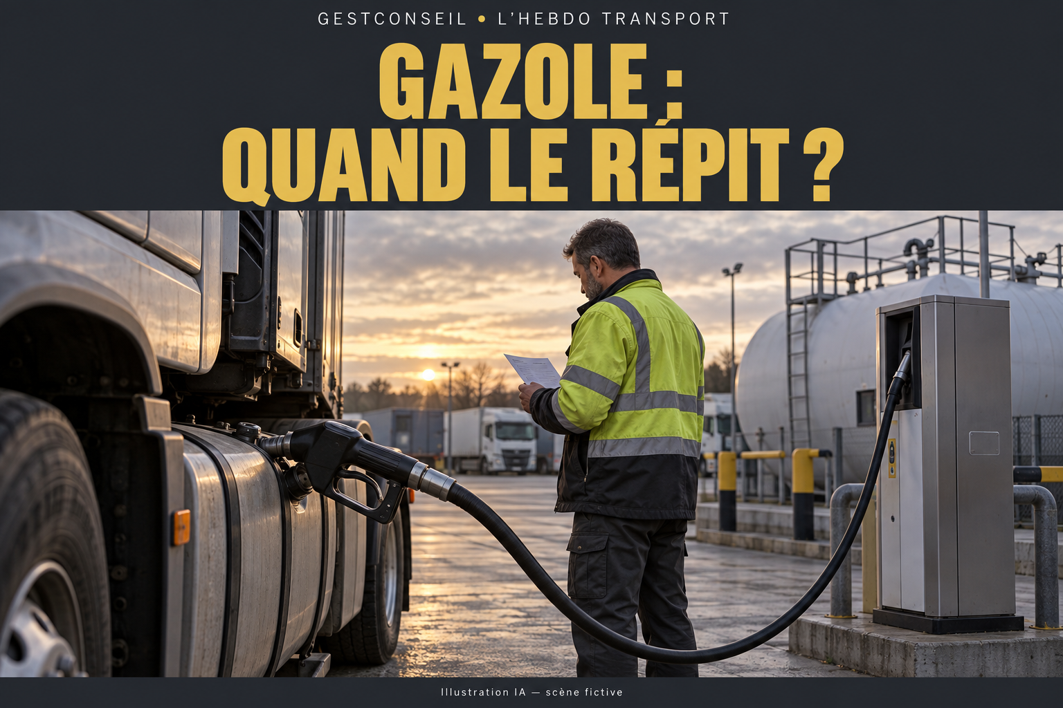 Illustration IA fictive : ravitaillement d’un poids lourd au dépôt, pistolet dans le réservoir, cuve et document de livraison. Titre : Gazole : quand le répit ?