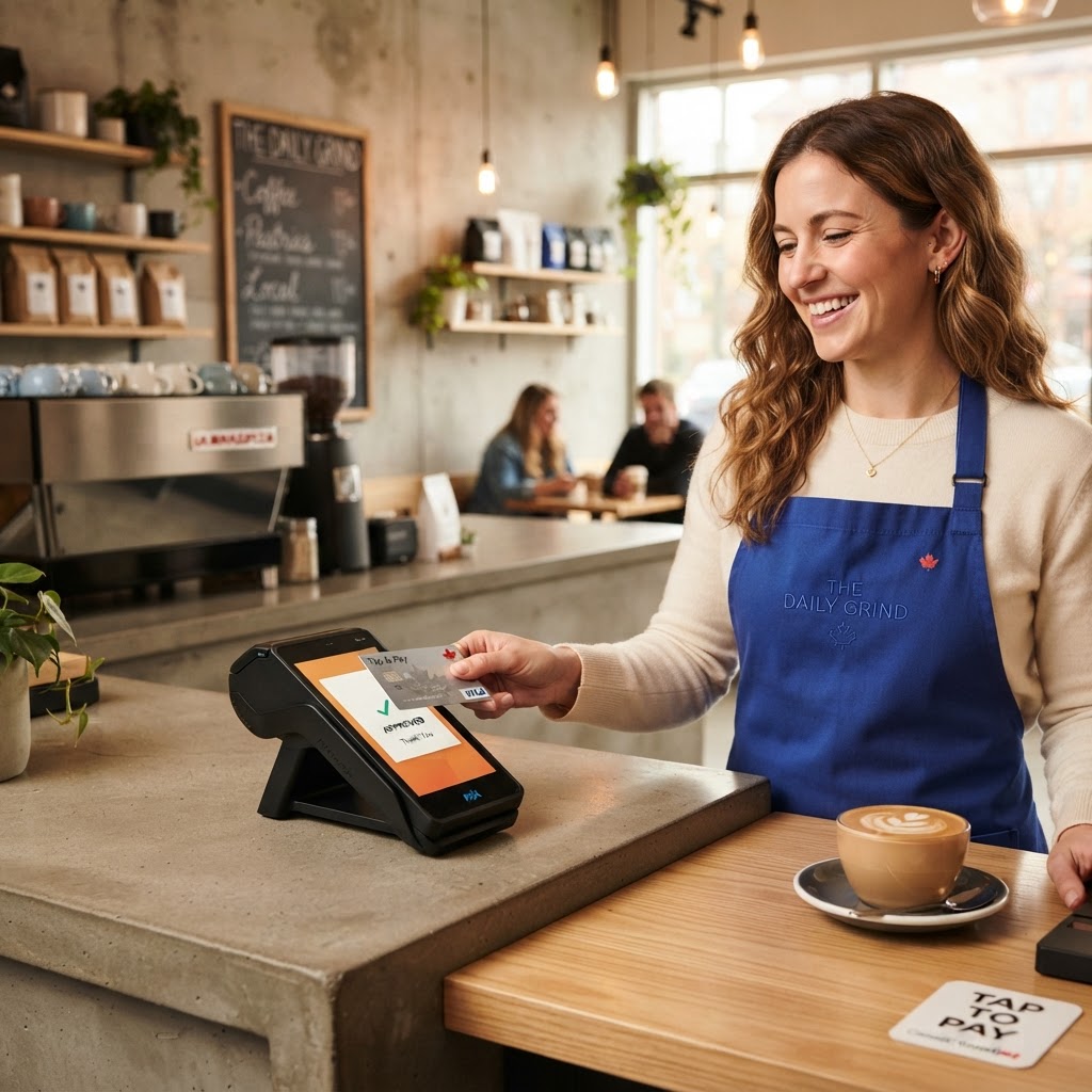 A small business owner tapping a contactless credit card on a black PAX payment terminal at a cafe counter in Canada