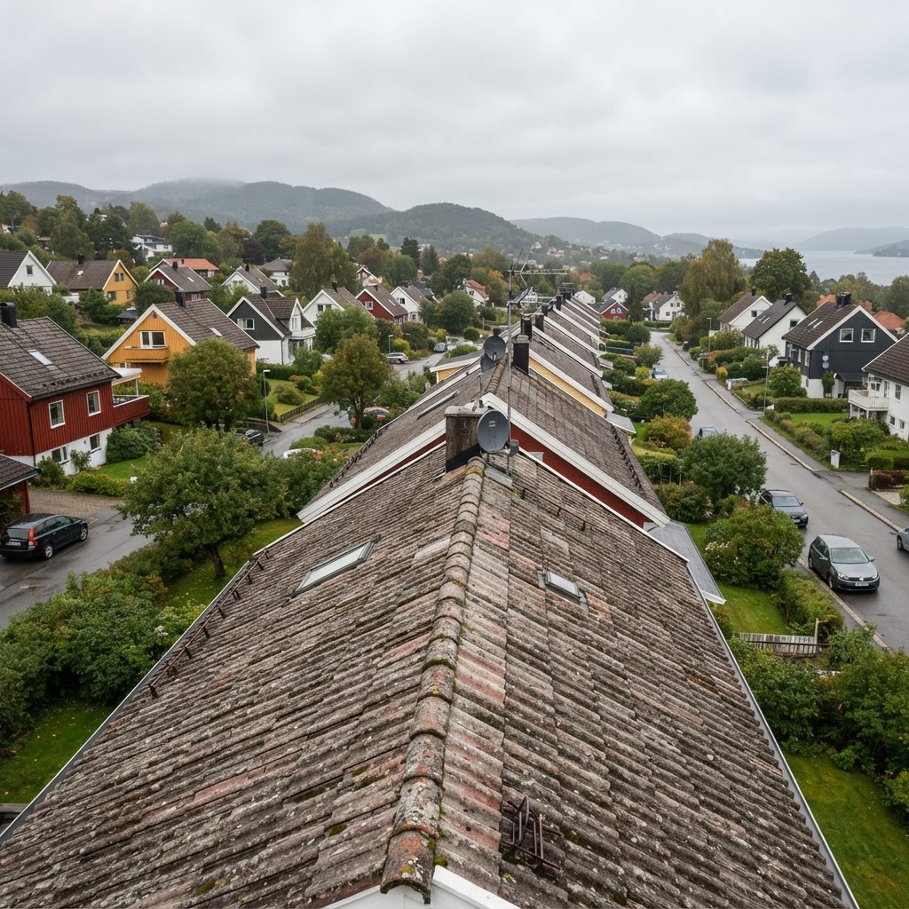 Norsk betong-takstein med mose og belegg klar for vurdering og behandling