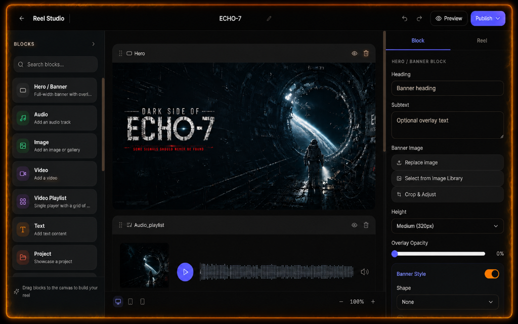 Ember Reelz studio editor preview
