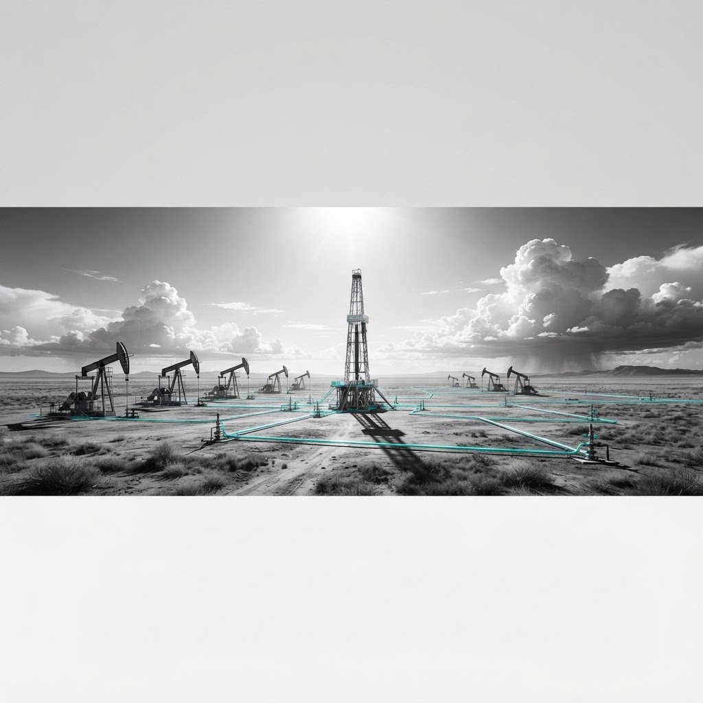 A cinematic midday vista of an active oilfield with pump jacks, a central drilling rig, and teal light tracing pipelines under distant thunderheads