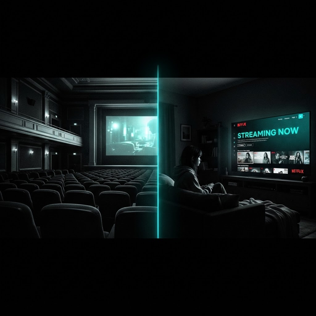 Split cinematic composition contrasting an empty movie theater with a glowing streaming interface, divided by a teal line