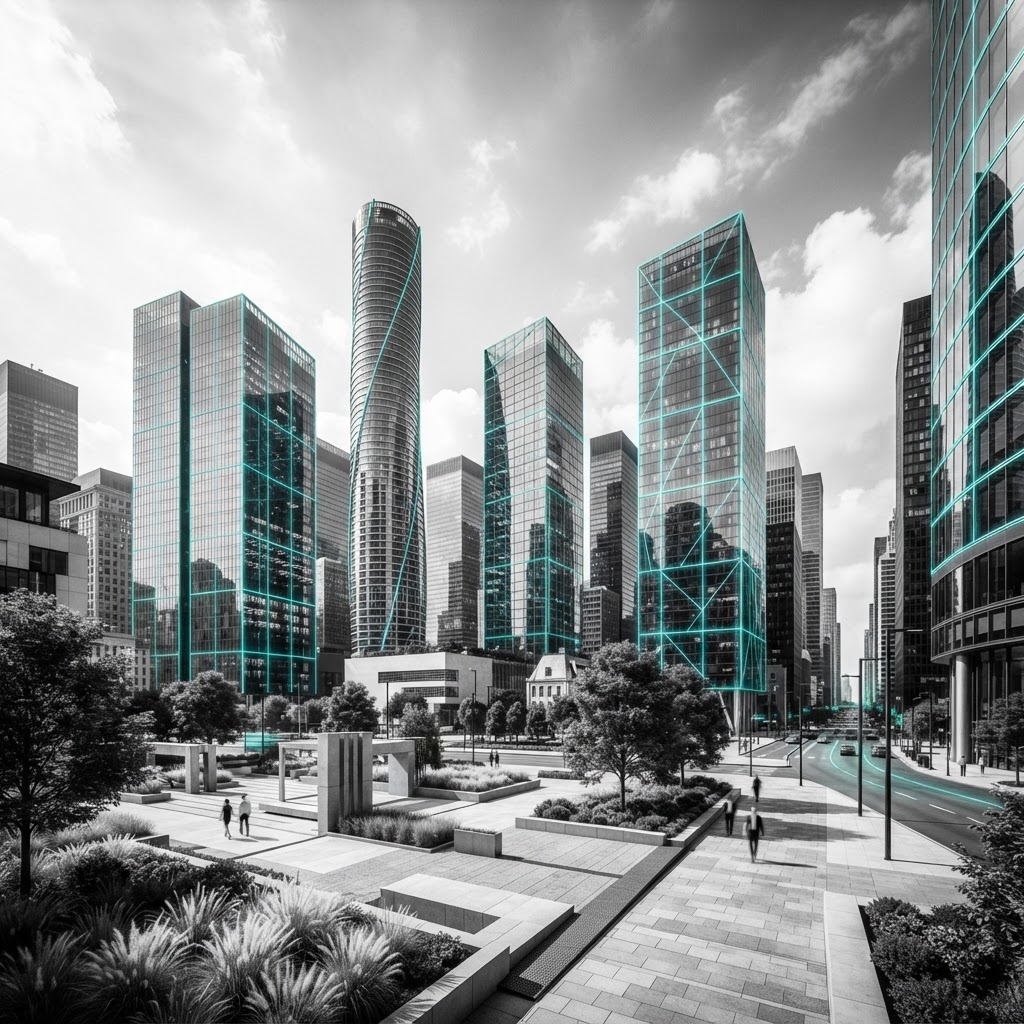 A cinematic summer cityscape of a modern commercial real estate district with glass office towers and teal light tracing window grids
