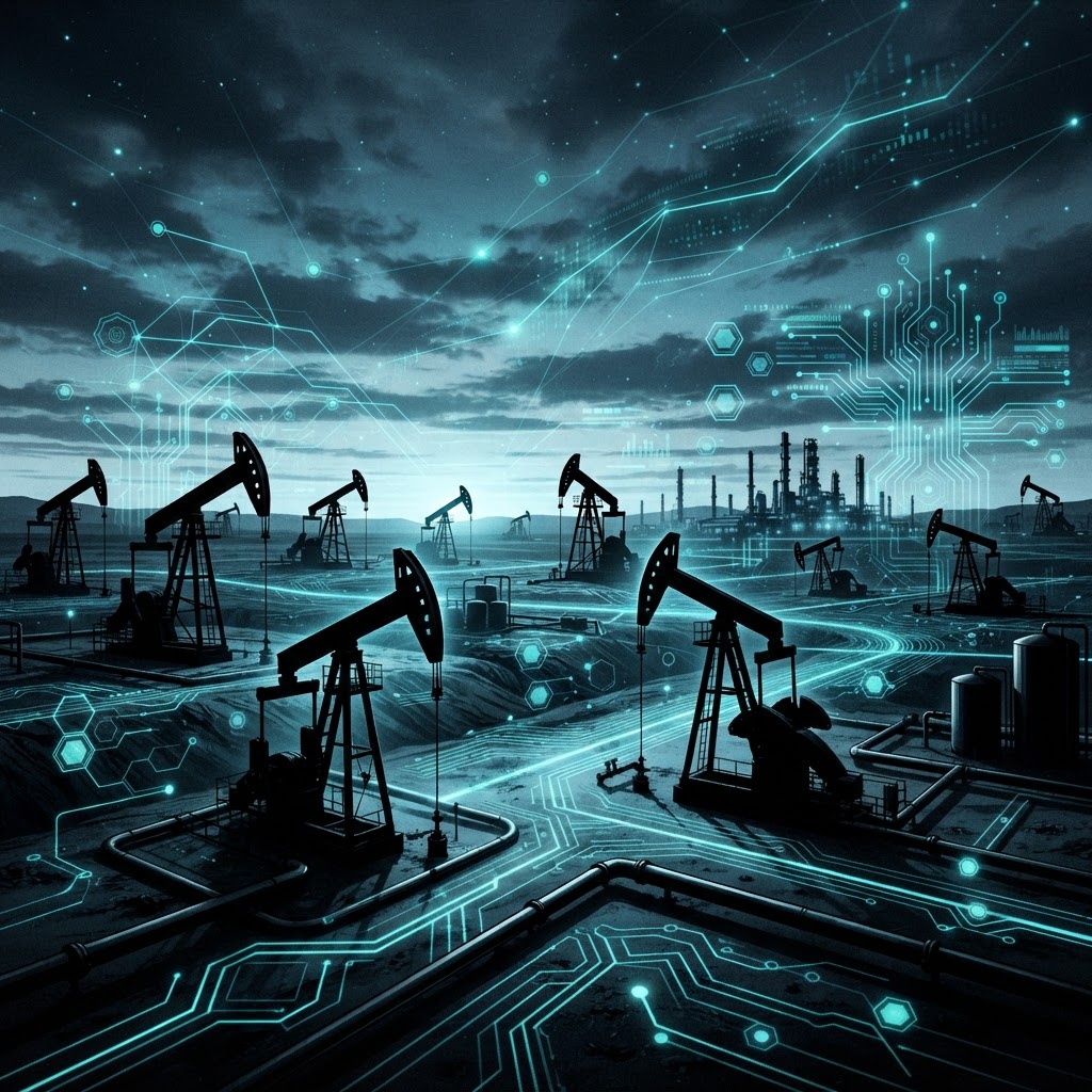 A cinematic digital oilfield at dusk with pump jacks silhouetted against a moody sky, glowing teal AI data network lines overlaid on the landscape