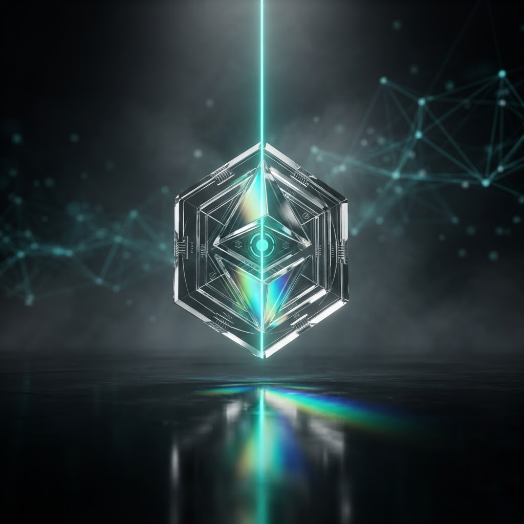 A translucent digital token with layered geometric facets refracting a teal beam of light above a reflective surface