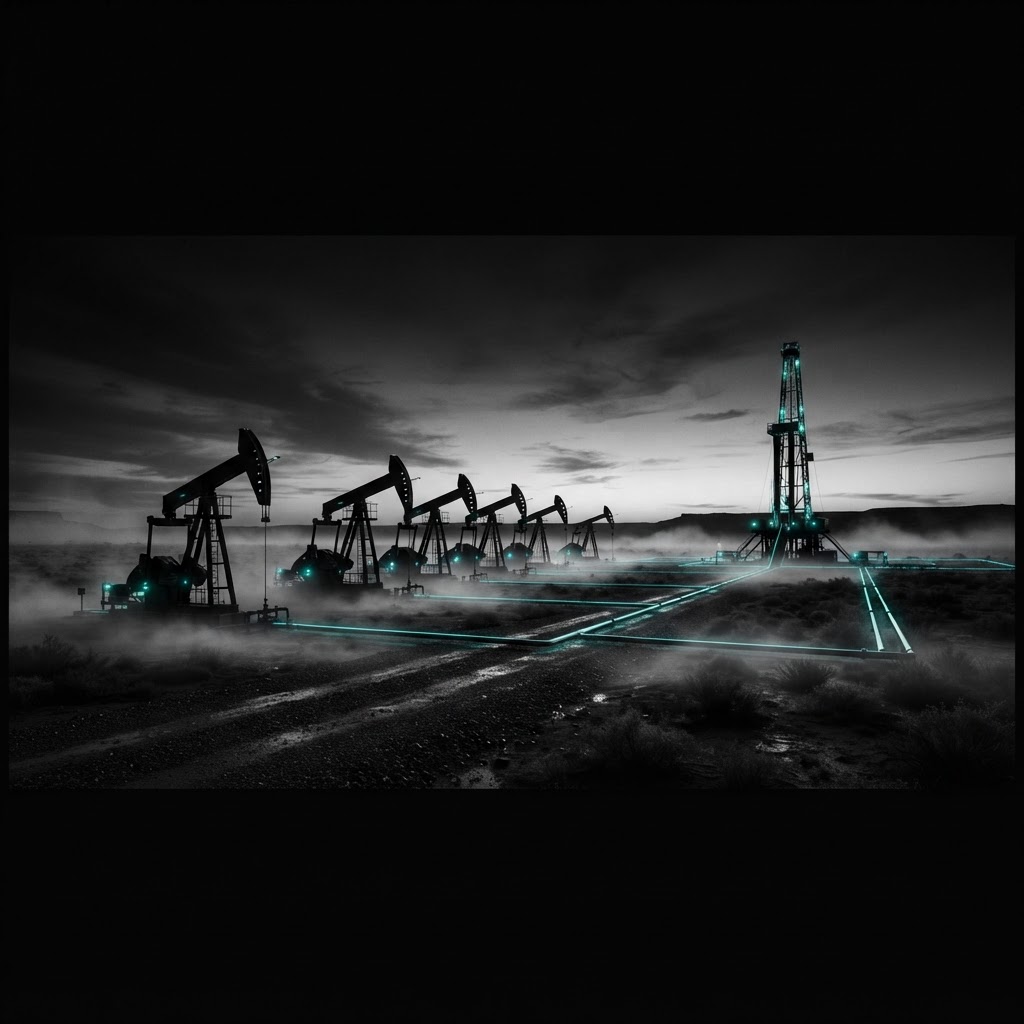 A cinematic twilight vista of an active oilfield with silhouetted pump jacks, a drilling rig on the horizon, and teal light tracing pipelines through low fog