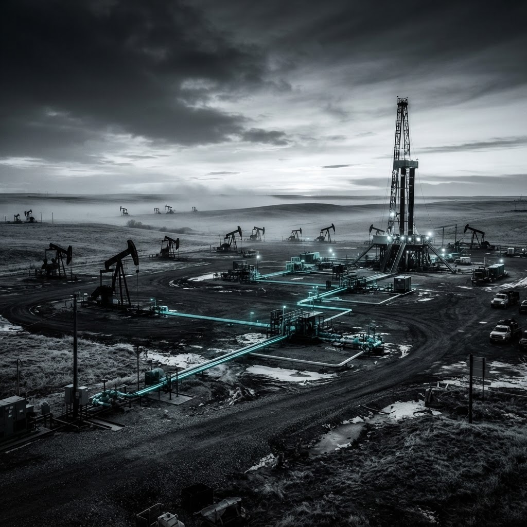 A cinematic early-spring vista of an active oilfield with pump jacks, a drilling rig against a cold sky, lingering frost on the ground, and teal light tracing pipelines through morning mist