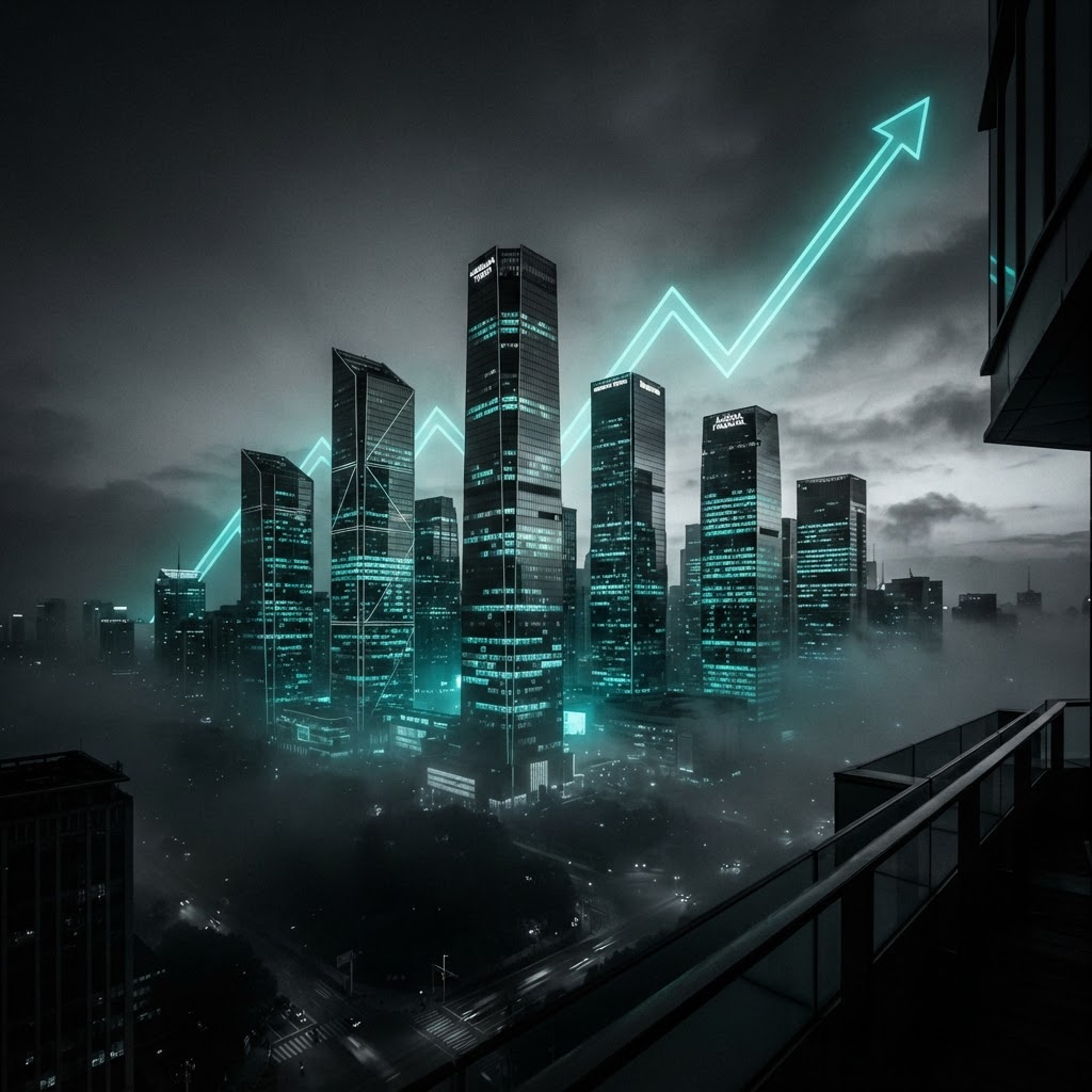 Commercial real estate skyline at dusk with an upward-trending interest rate graph in teal