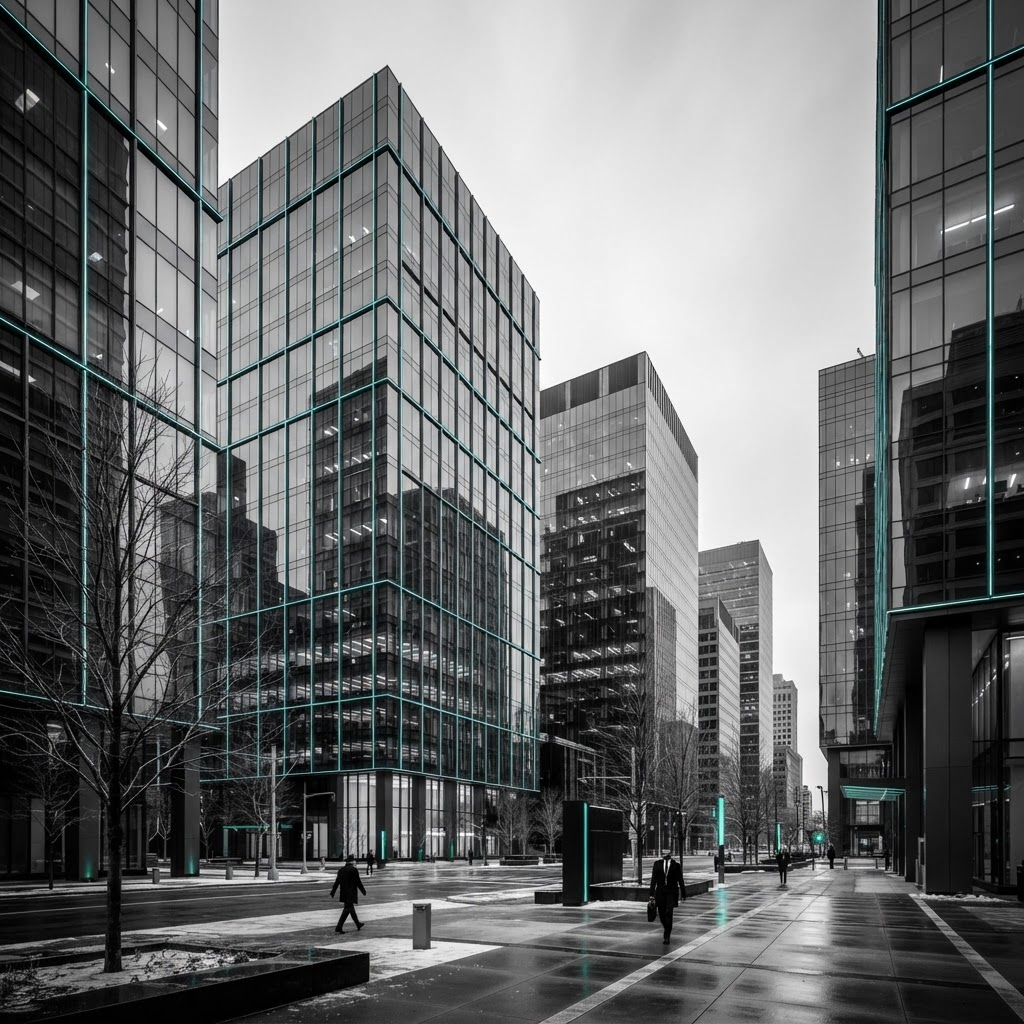 A cinematic early-spring cityscape of a modern commercial real estate district with glass office towers, teal light tracing window grids, and lingering frost in a plaza below