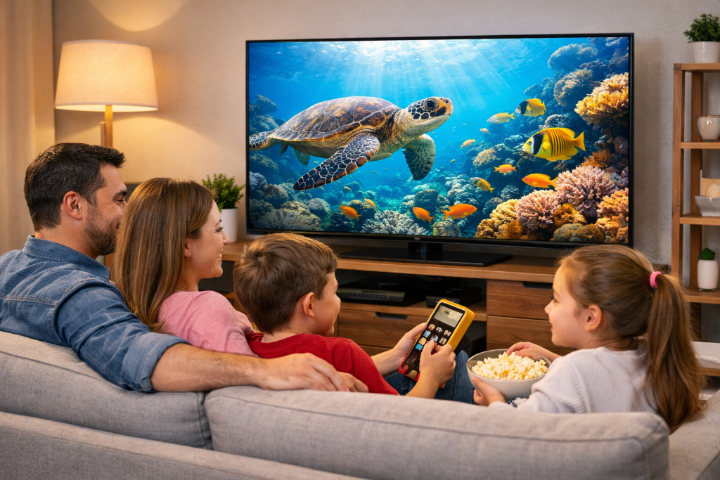 Familia costarricense disfrutando su televisor reparado