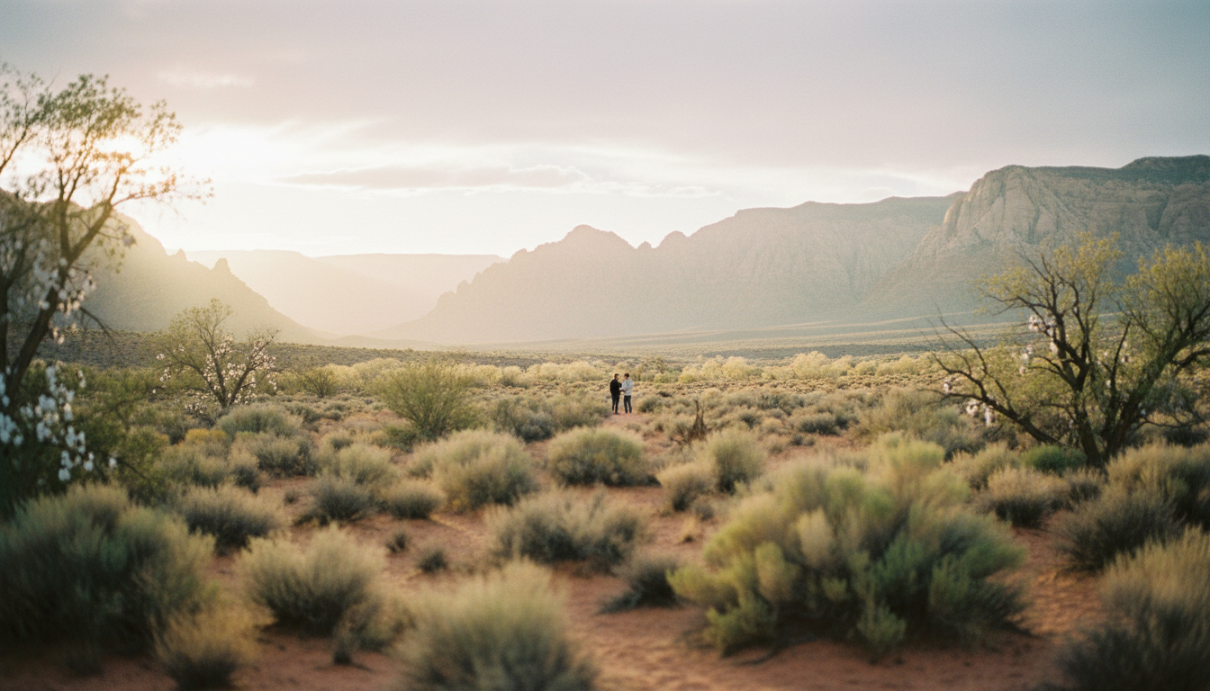 Desert landscape at golden hour with couple in the distance