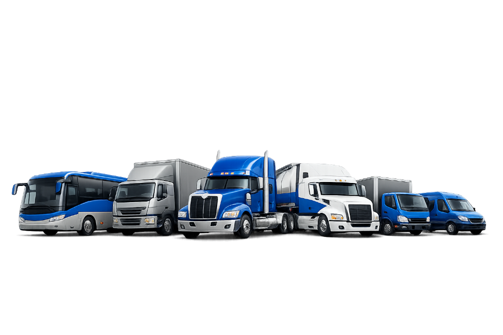 NAVISAFEGUARD fleet — bus, box truck, semi-trucks, delivery van, and cargo van