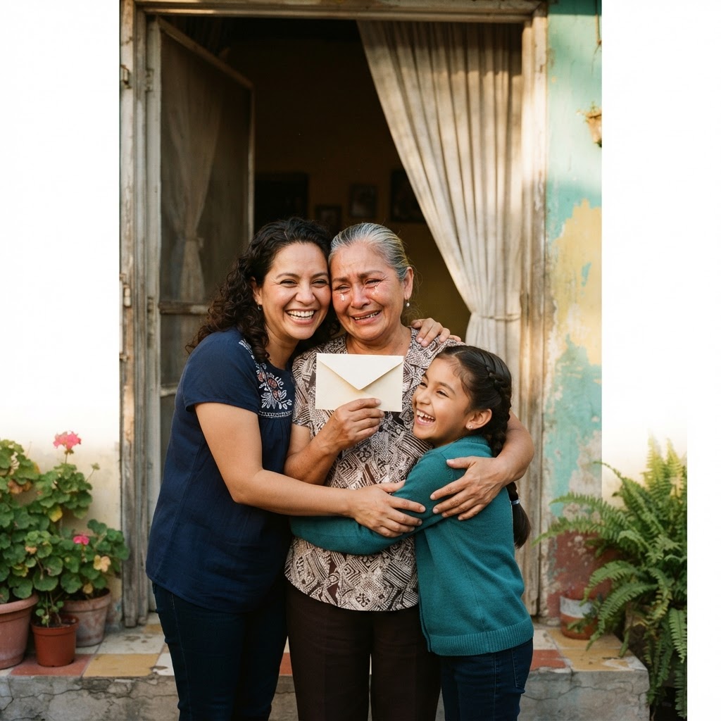Familia feliz recibiendo un bono enviado desde el exterior