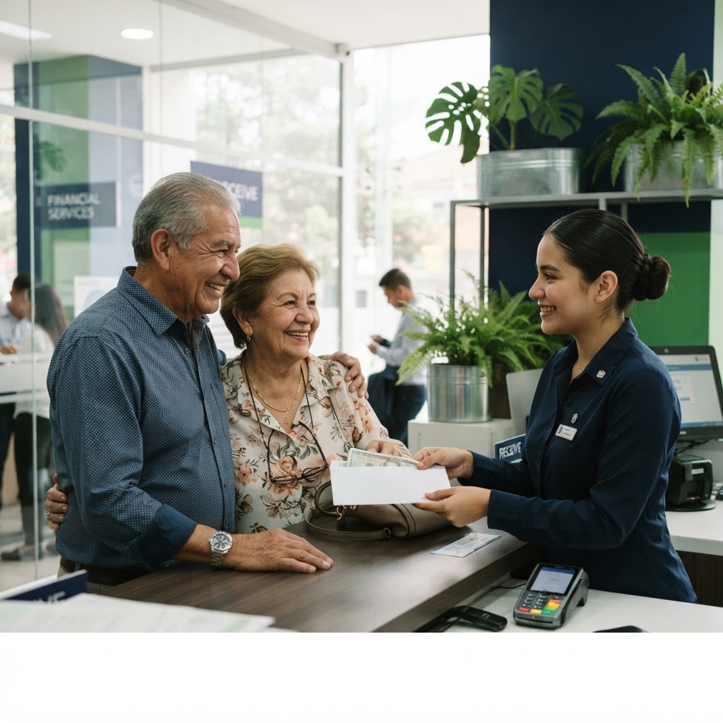 Pareja de adultos mayores recibiendo su bono en un corresponsal autorizado