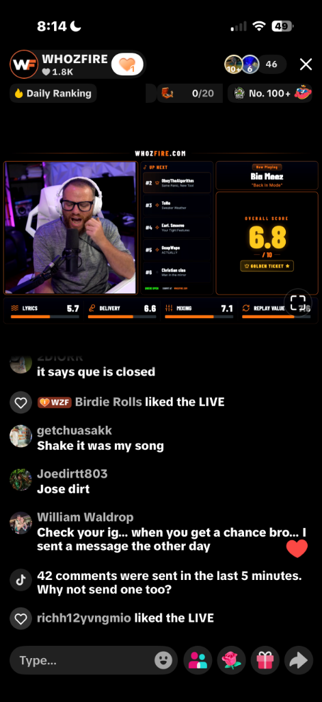 WHOZFIRE live review overlay running on a real stream