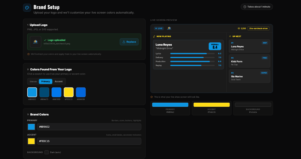 WHOZFIRE brand setup — upload a logo and the live overlay colors are generated automatically