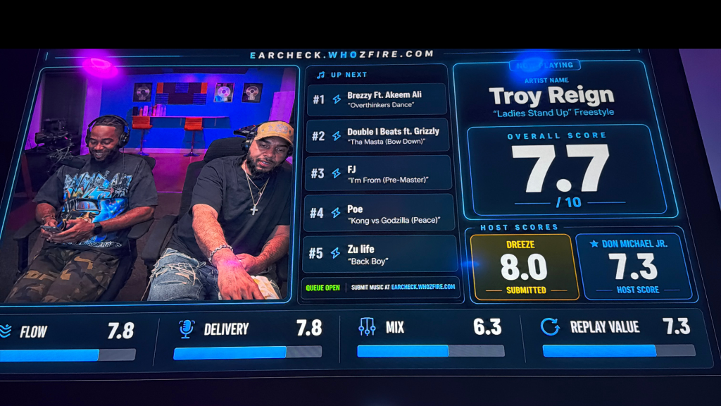 WHOZFIRE partner broadcast interface with live on-screen ratings, up-next queue, overall score and host scores