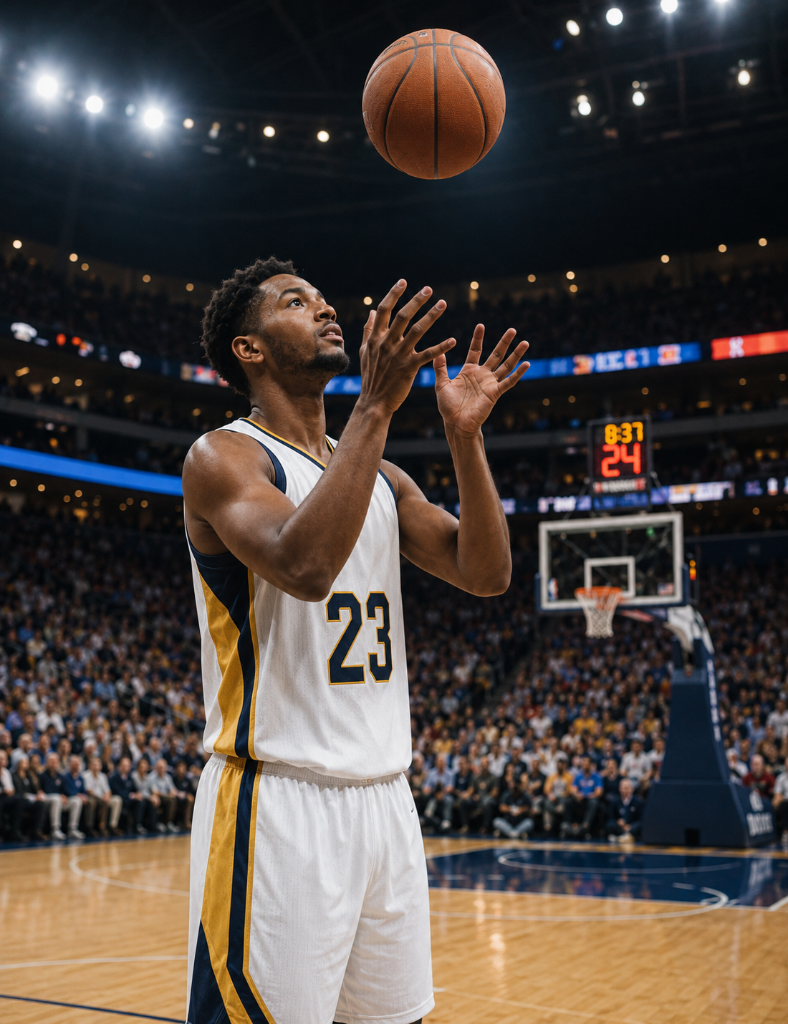 Professional male basketball player shooting in arena