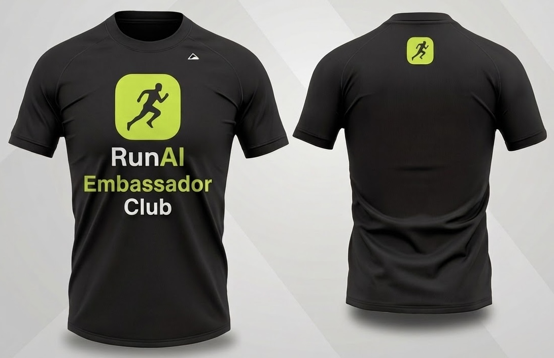 Camiseta oficial do RunAI Ambassador Club — frente com ícone do corredor e logotipo, verso com ícone na nuca