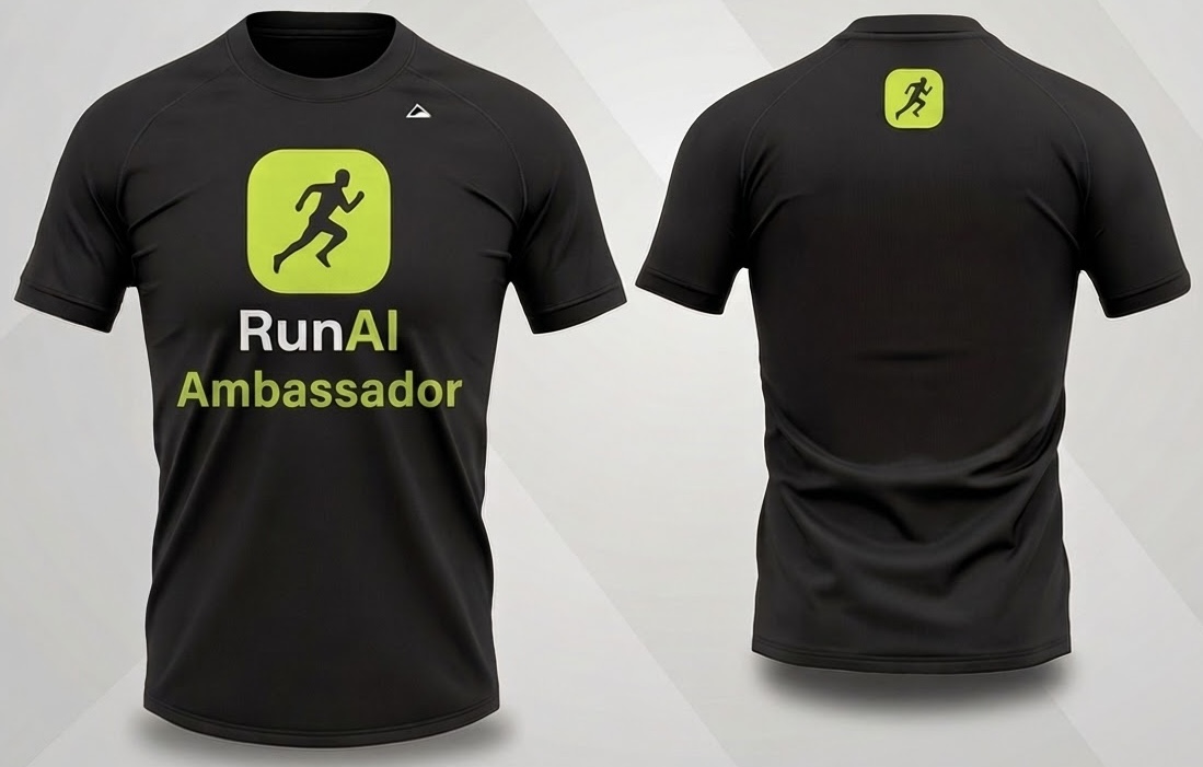 Camiseta oficial do RunAI Ambassador Club — frente com ícone do corredor e logotipo, verso com ícone na nuca