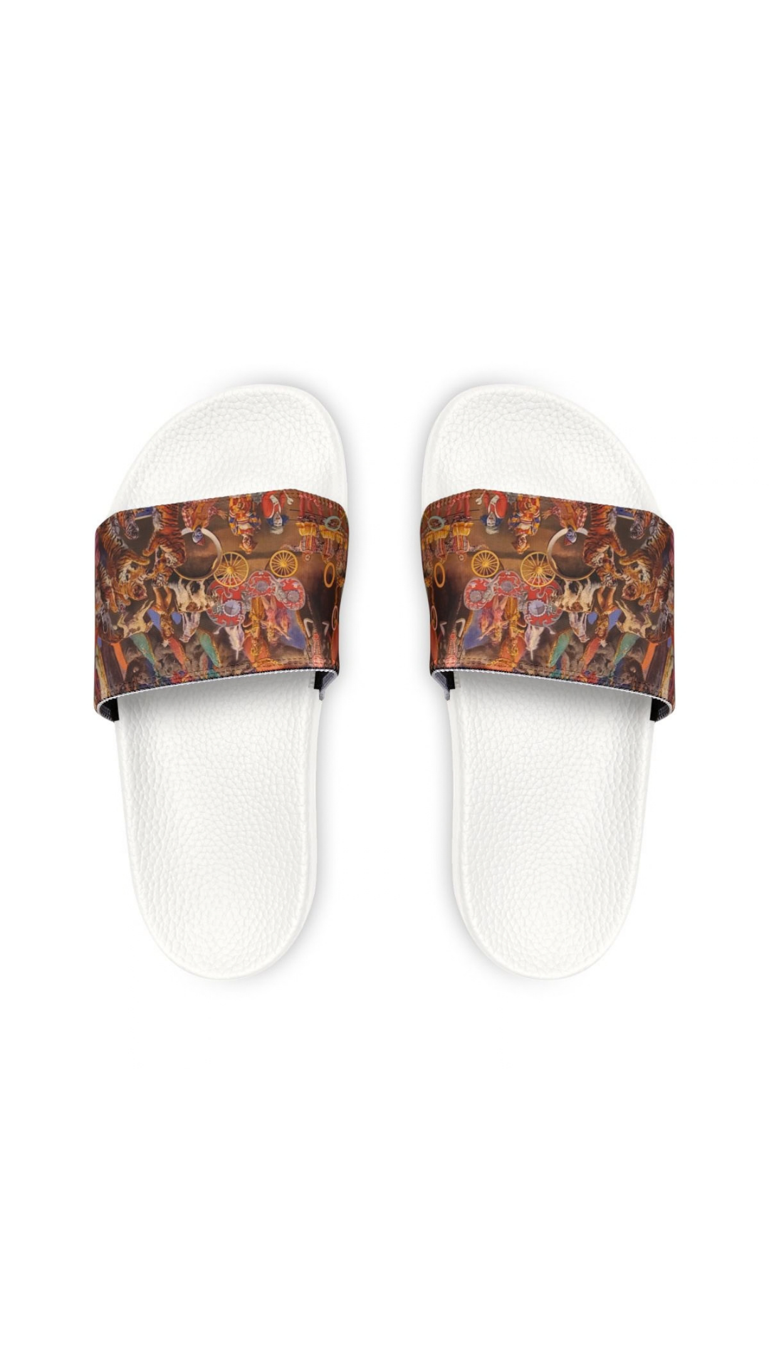 The Circus Print pool slides by Trunks by PTC with a printed strap and white cushioned footbed