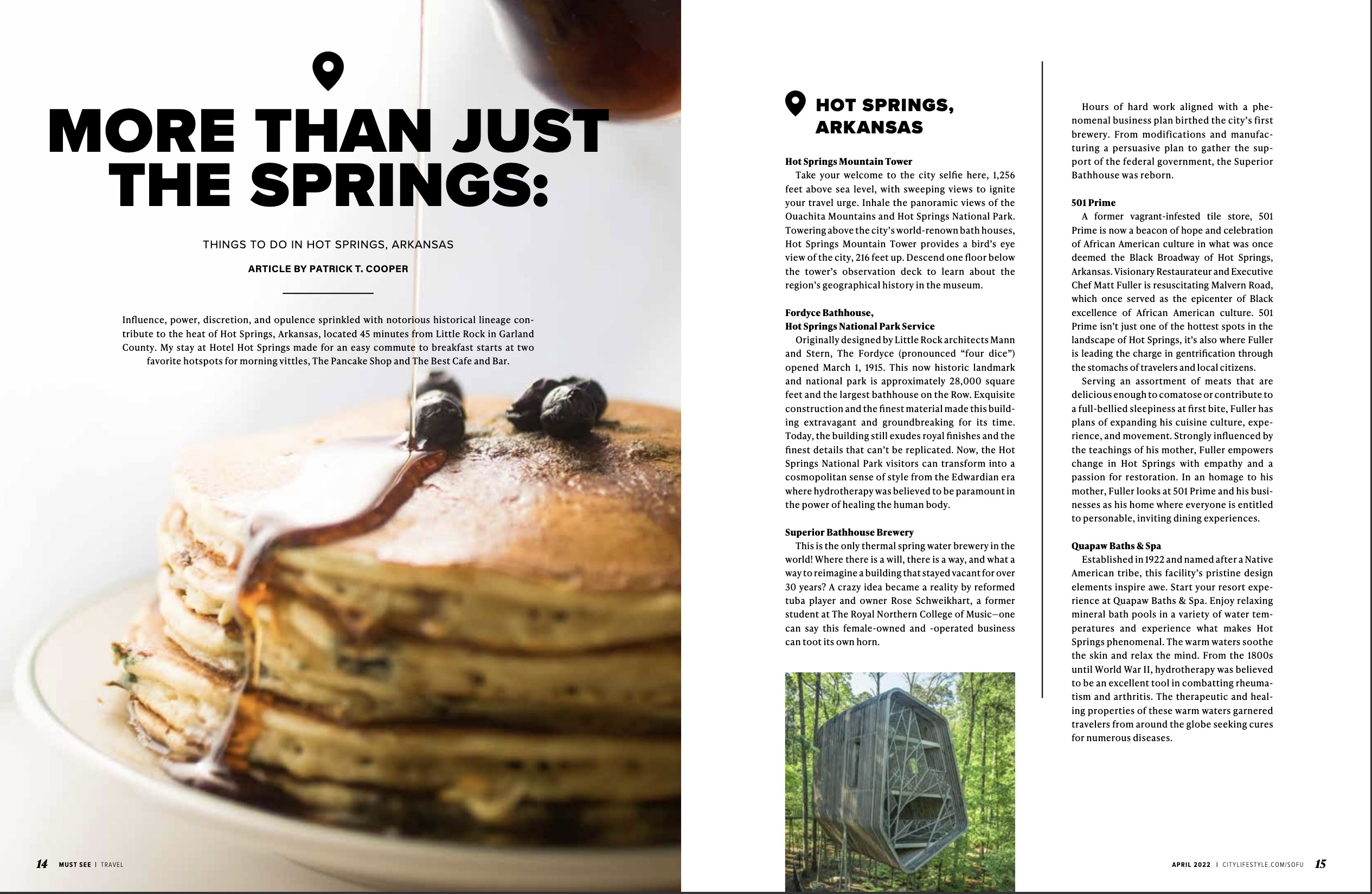 More Than Just the Springs full magazine layout featuring pancakes and the Hot Springs Arkansas travel guide