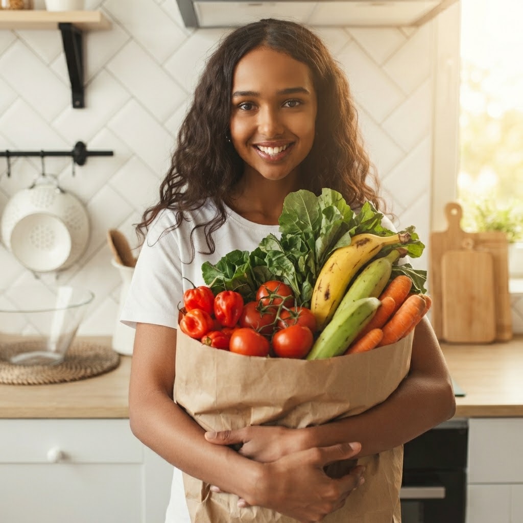 Happy customer with fresh farm groceries