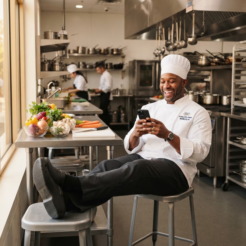 Relaxed hotel chef ordering farm-fresh produce on his phone