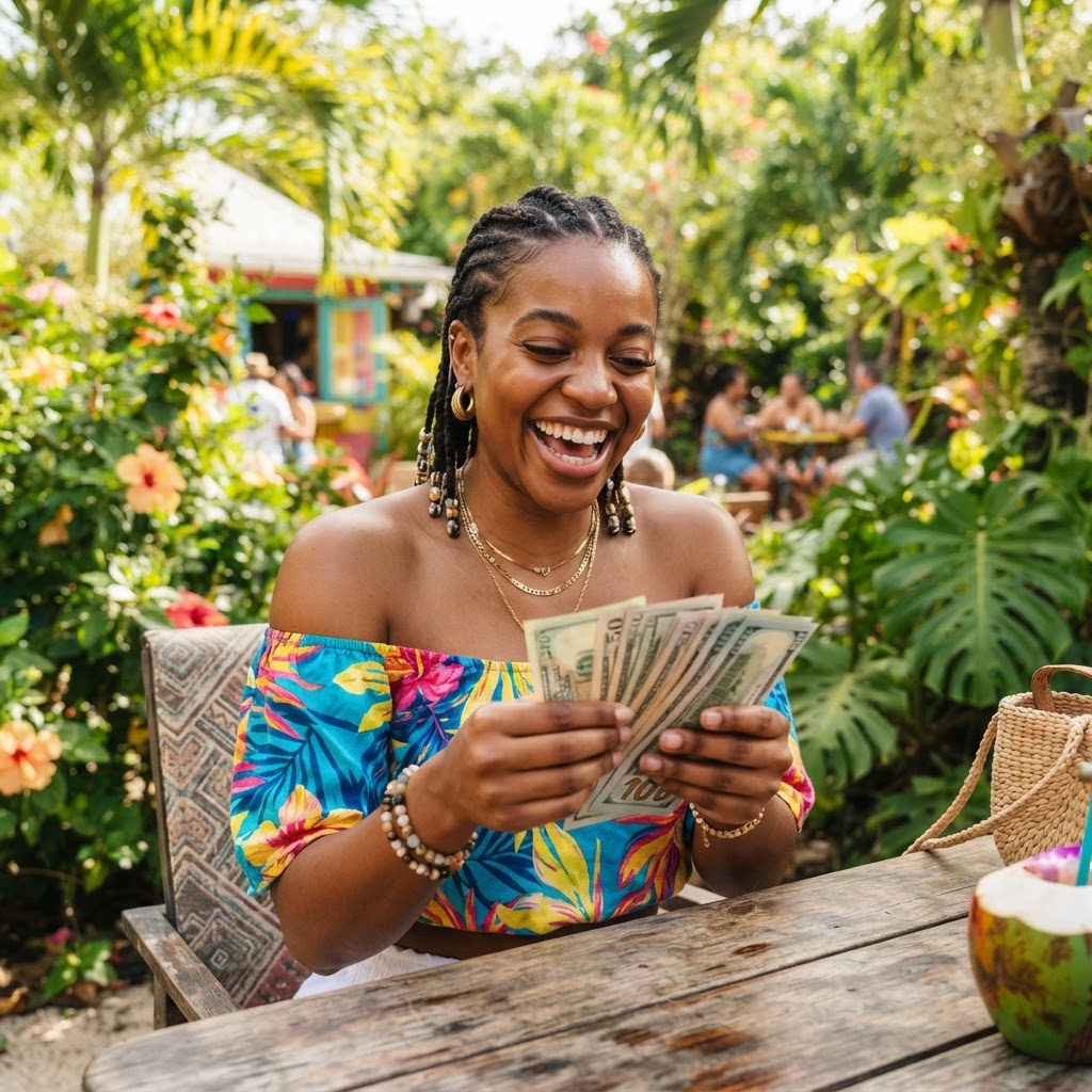 Excited ambassador counting her earnings
