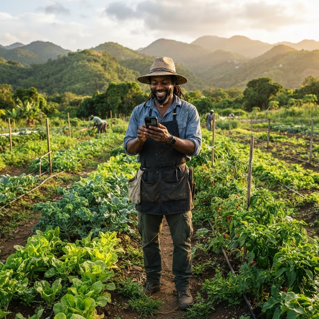 Smiling farmer using the Growers Chain app on his farm