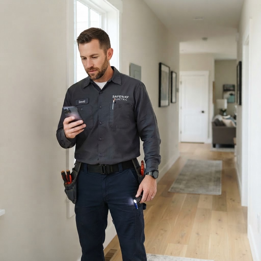 Electrician checking a service reminder on his phone