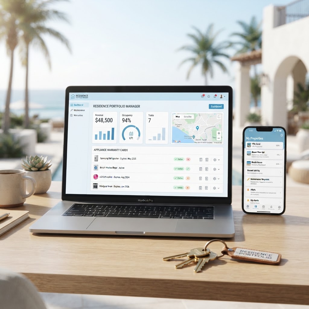 Warranty Tracker App shown on a laptop and smartphone with house keys on a desk