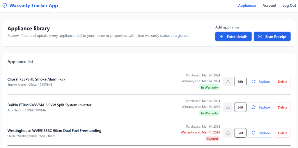 Warranty Tracker App - Appliance library screenshot