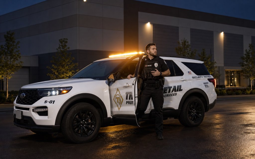 Uniformed private security officer stepping from a white patrol SUV with amber emergency lights activated.
