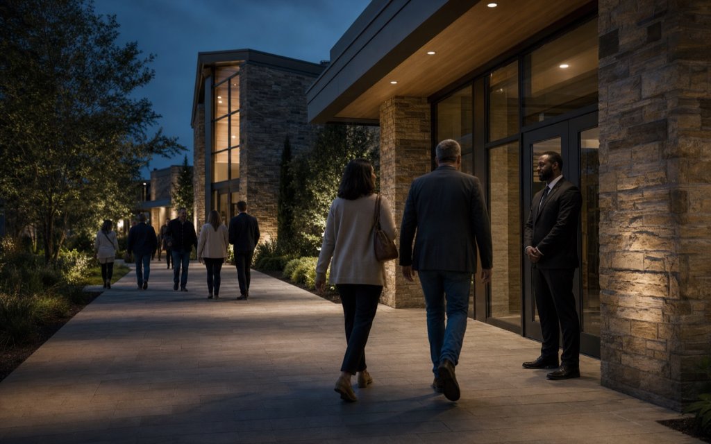 Security professional welcoming congregants at a place of worship entrance.