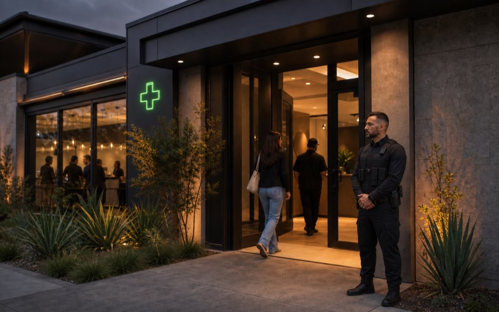 Professional security officer monitoring the entrance of a modern cannabis dispensary.