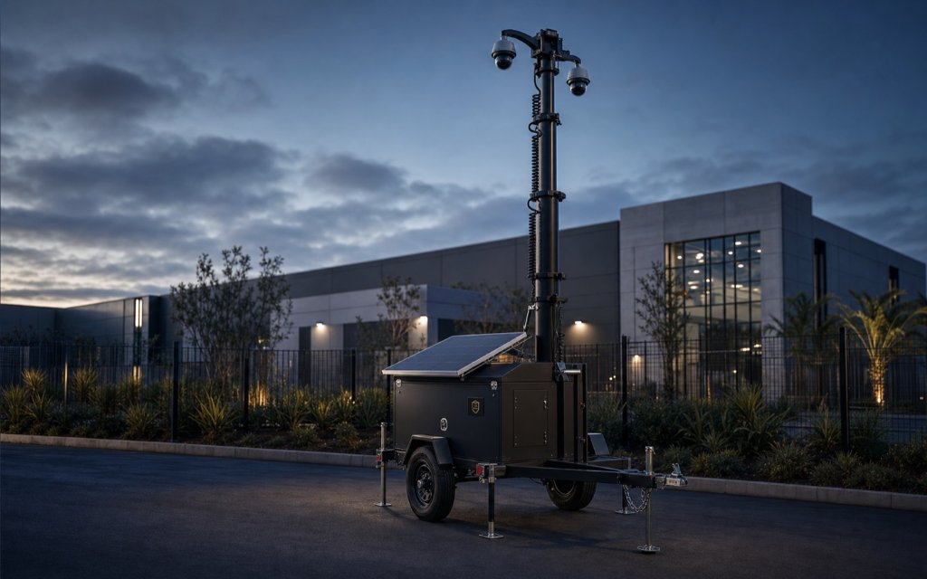 Mobile video surveillance tower deployed at a commercial property during blue hour.