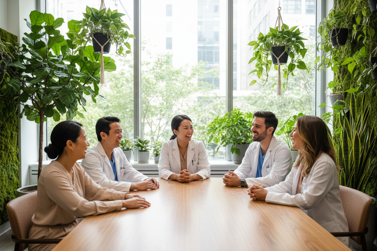 Diverse health practitioners collaborating around a table